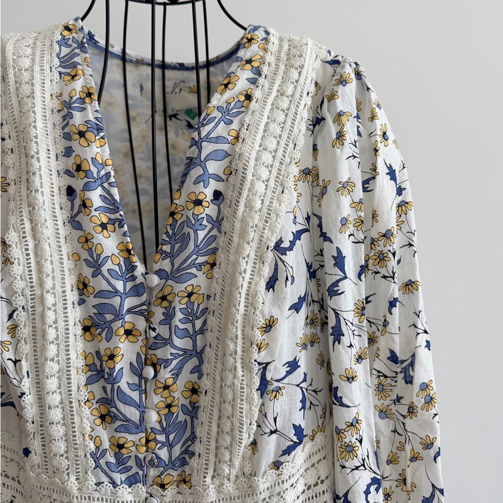 Anthropologie Blue and Cream Floral Dress - Picture 3 of 7